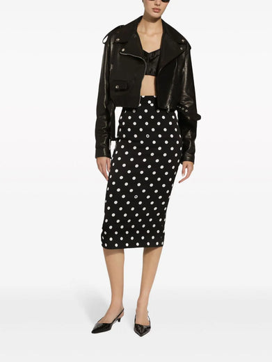 Charmeuse calf-length pencil skirt with polka-dot print