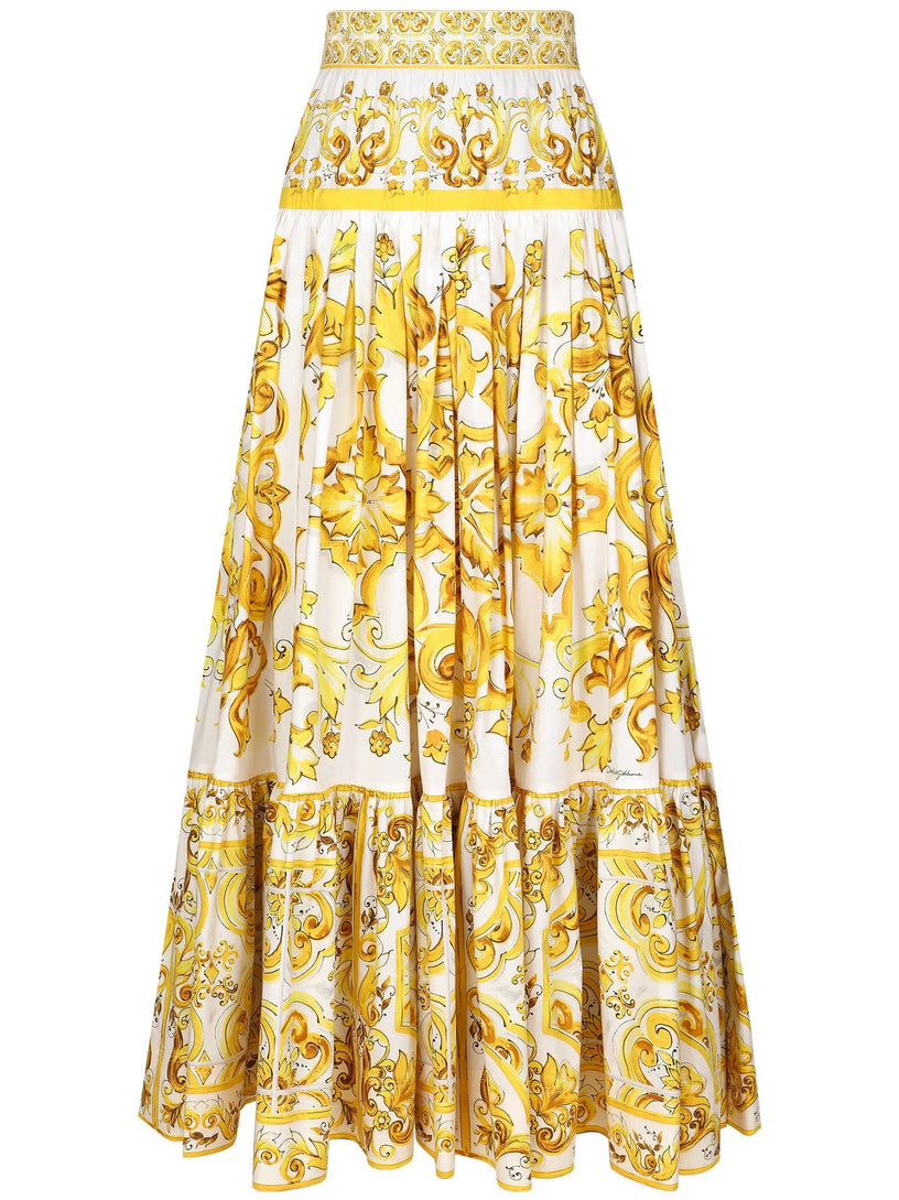 Dolce & Gabbana Long majolica-print poplin skirt with ruffles