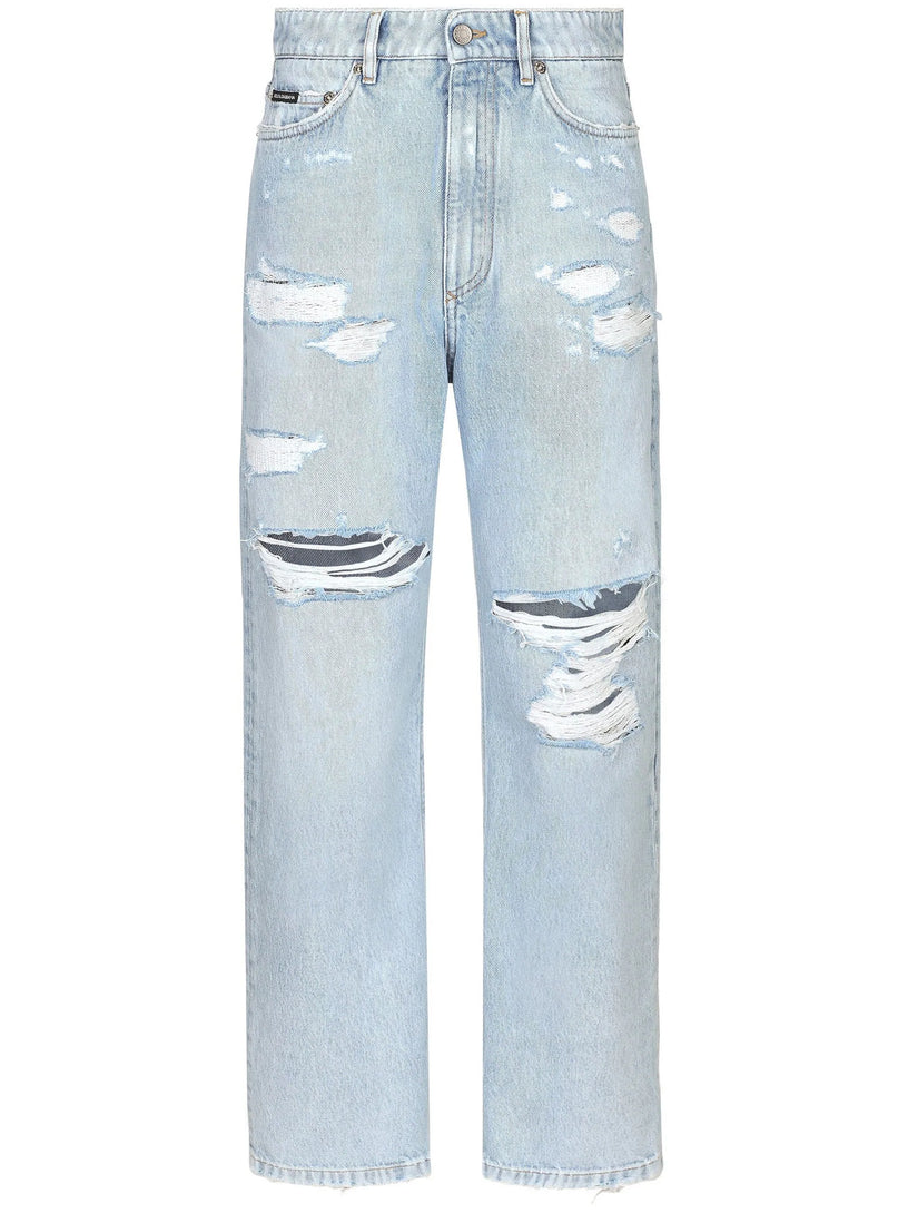 Distressed finish straight-legged jeans