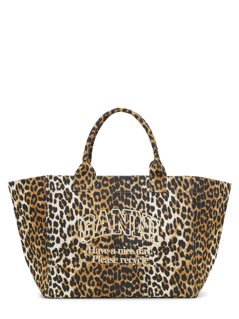 GANNI Leopard oversized canvas tote ba