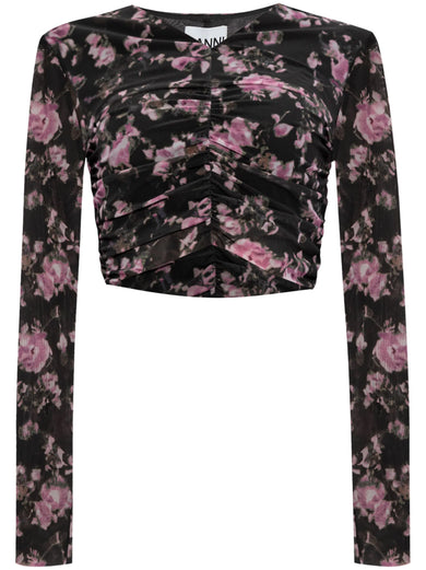 Printed mesh ruched blouse