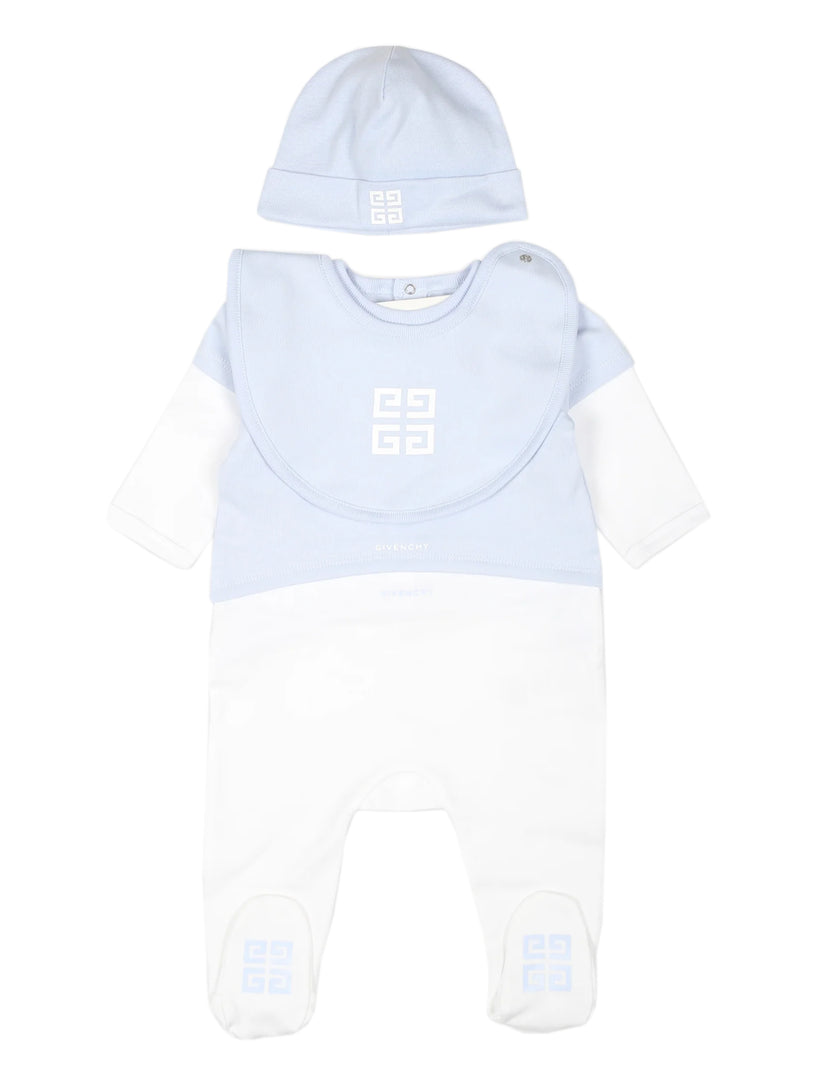 Light blue onesie set for newborns with iconic 4G motif