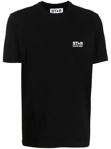 Black T-shirt with contrasting white logo and star