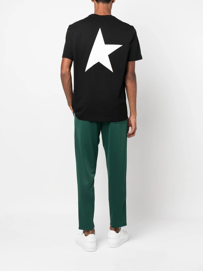 Black T-shirt with contrasting white logo and star