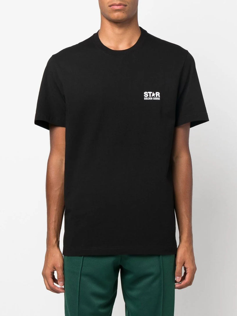 Black T-shirt with contrasting white logo and star