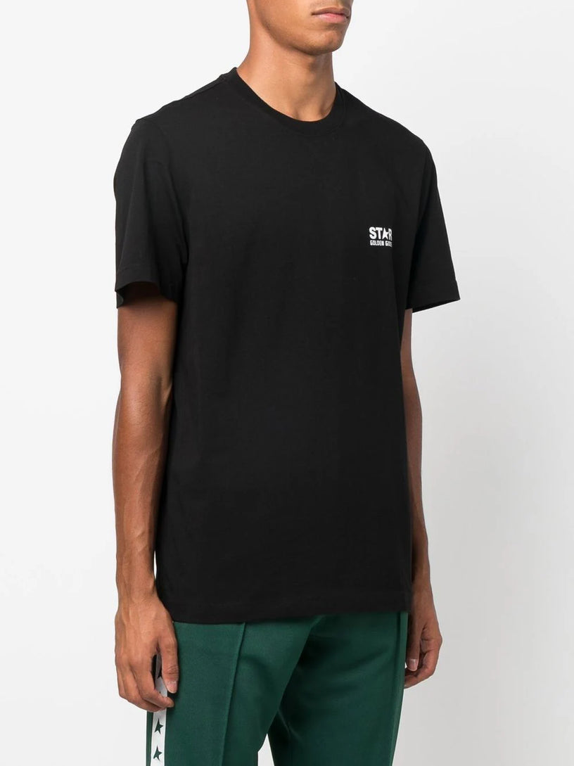 Black T-shirt with contrasting white logo and star