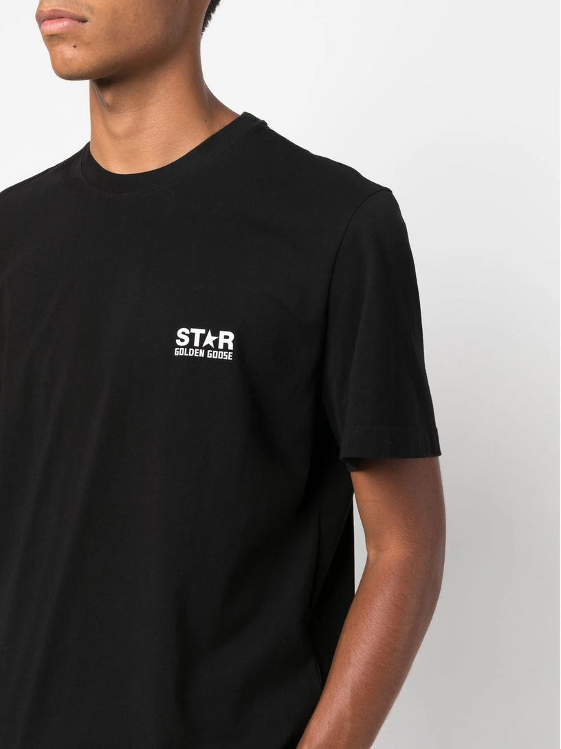 Black T-shirt with contrasting white logo and star