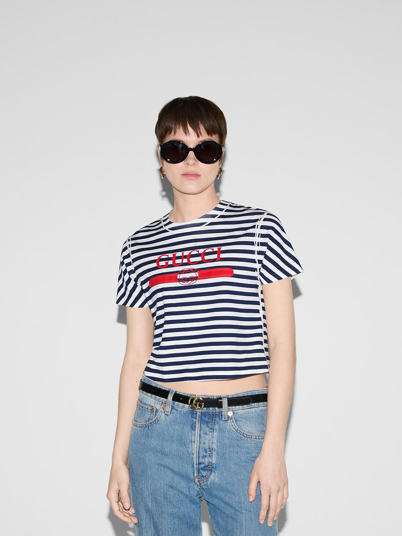 Striped cotton jersey T-shirt with Gucci print