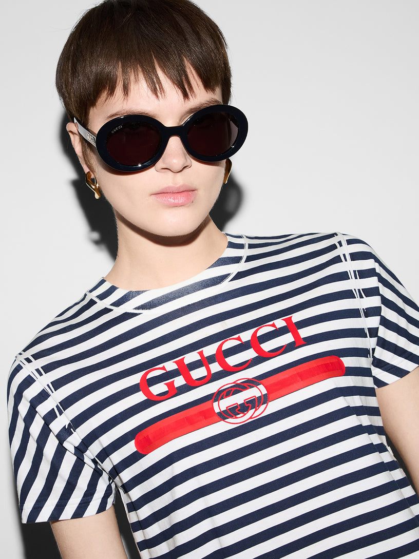 Striped cotton jersey T-shirt with Gucci print