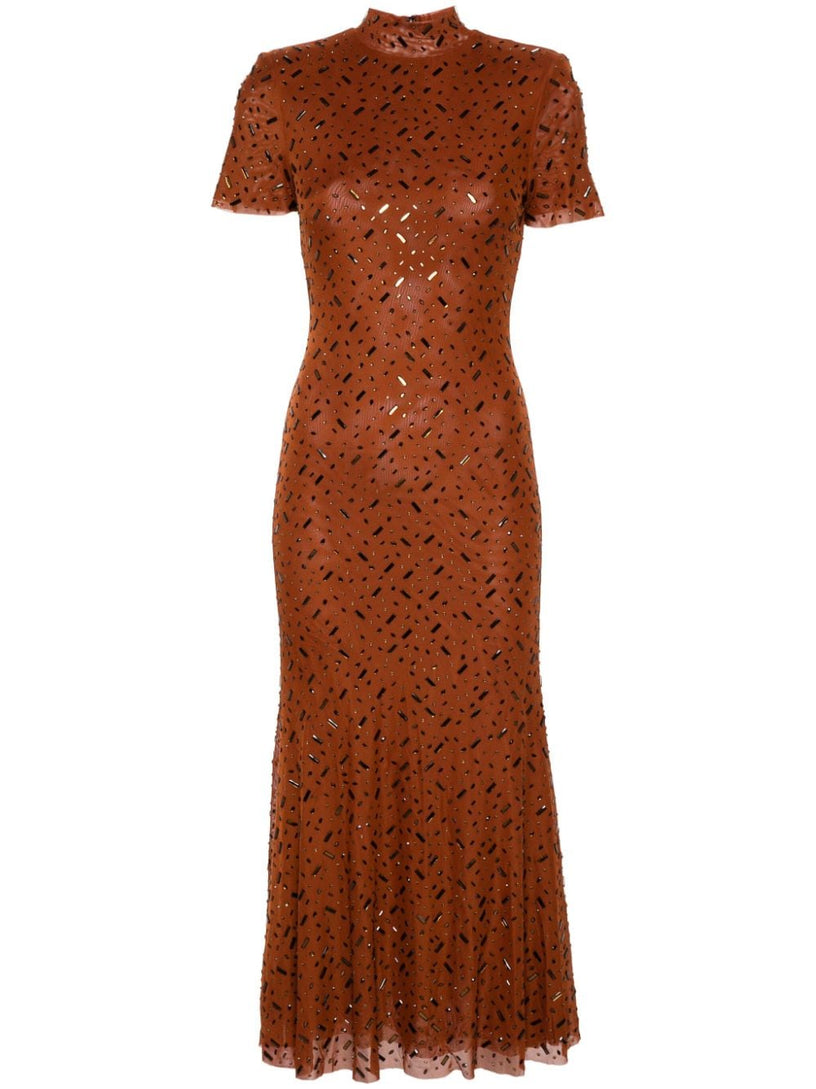 Brown square rhinestone mesh midi dress