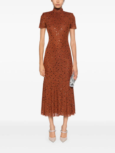 Brown square rhinestone mesh midi dress