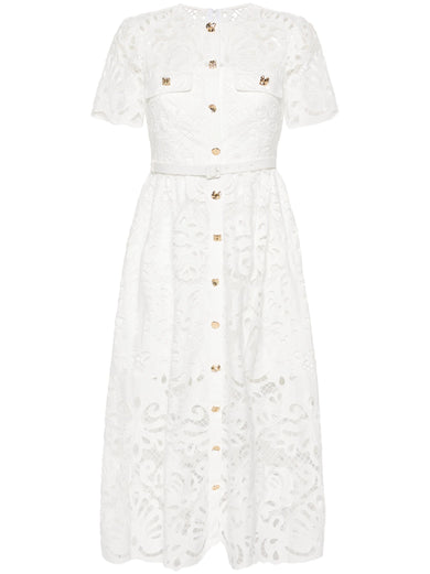 White cotton lace button midi dress