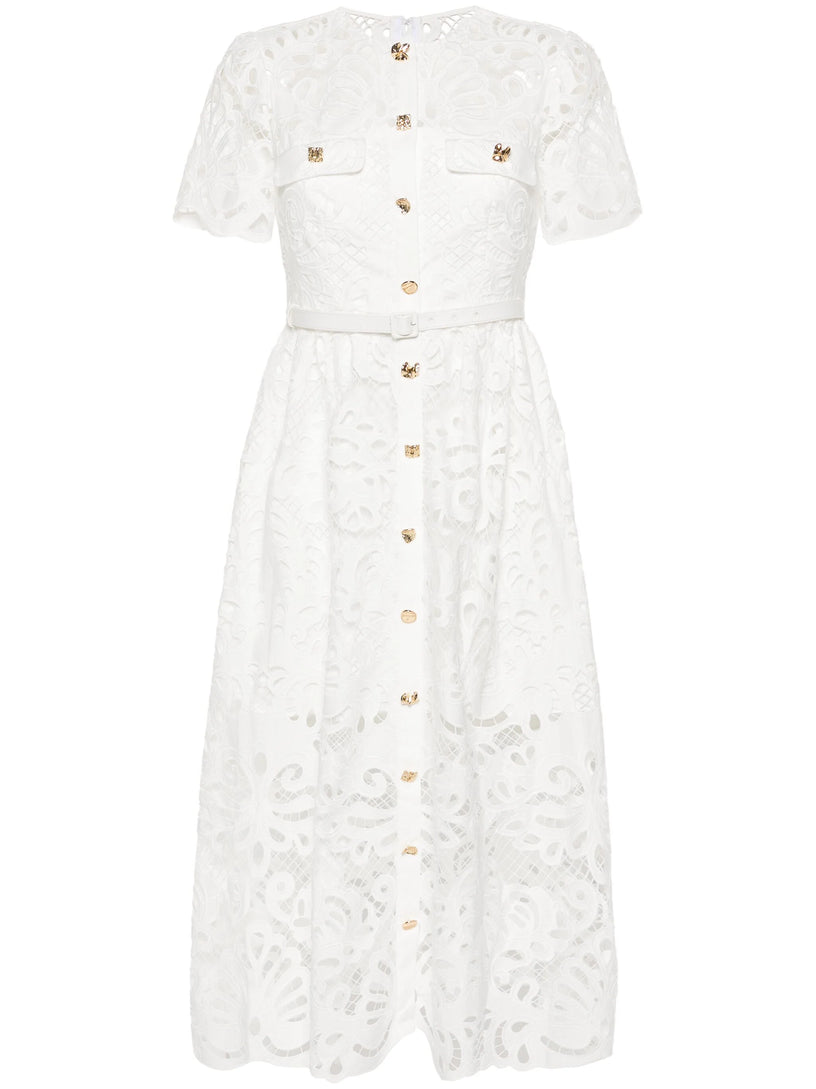 White cotton lace button midi dress