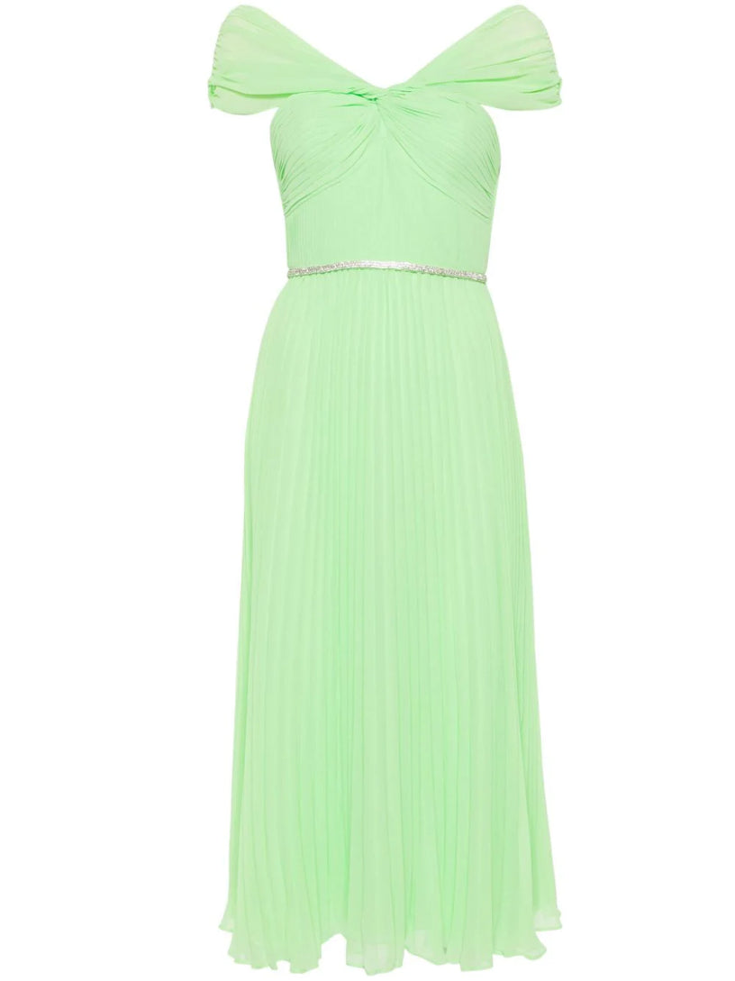 Green off shoulder chiffon midi dress