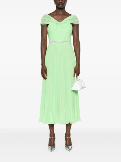 Green off shoulder chiffon midi dress