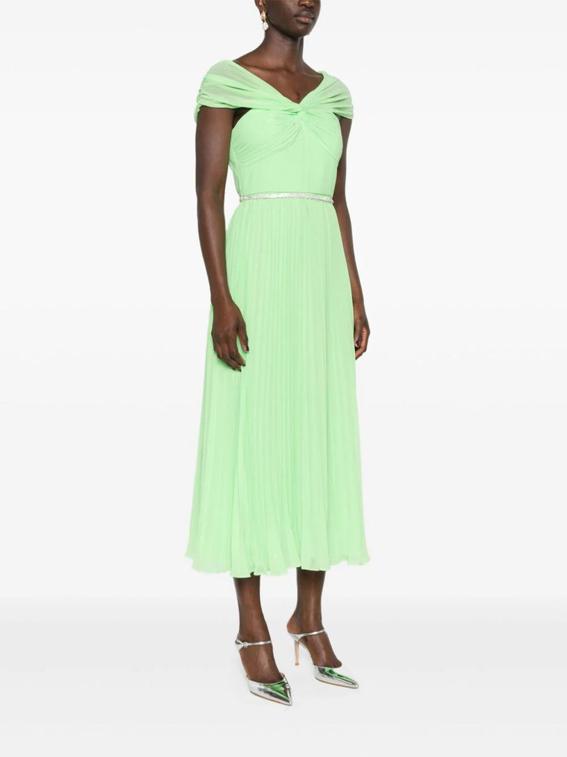 Green off shoulder chiffon midi dress