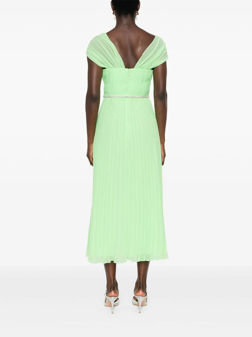 Green off shoulder chiffon midi dress