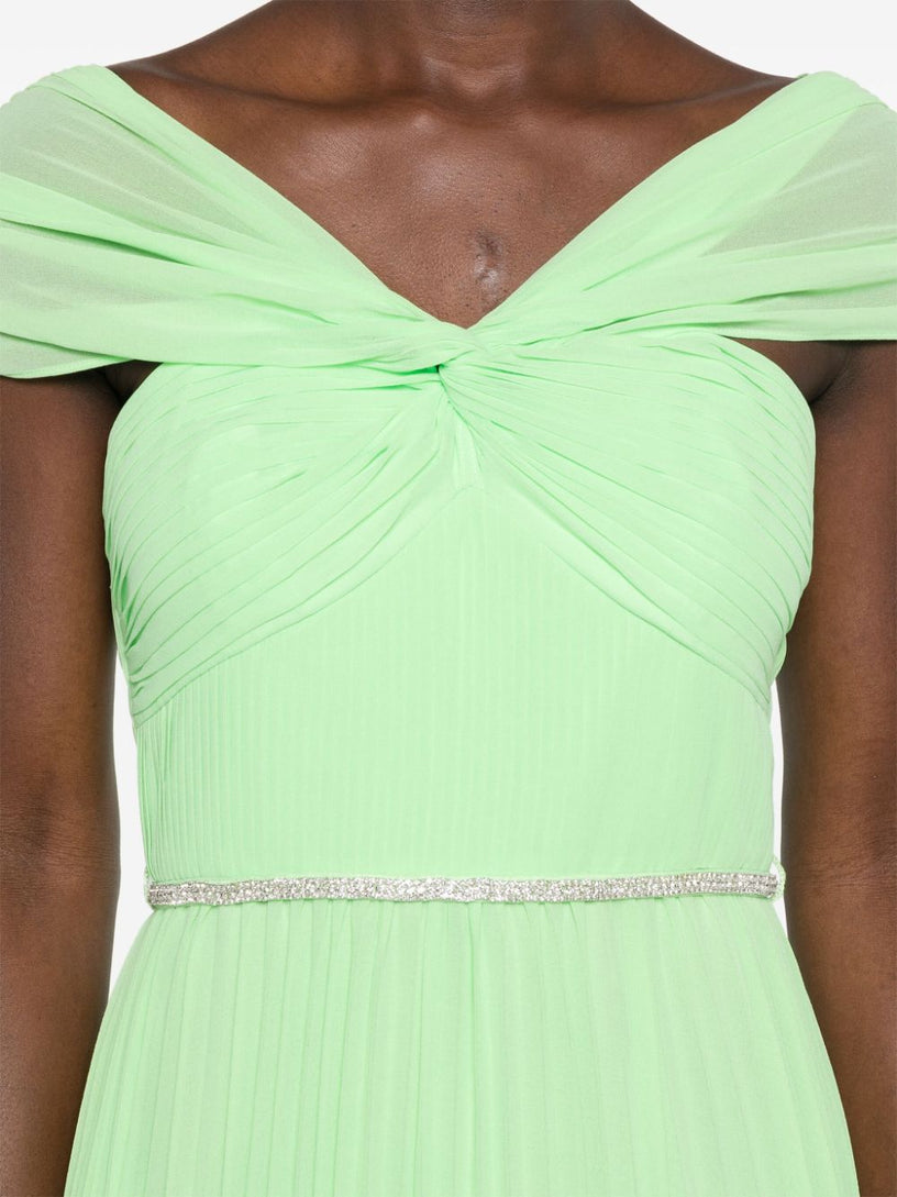 Green off shoulder chiffon midi dress