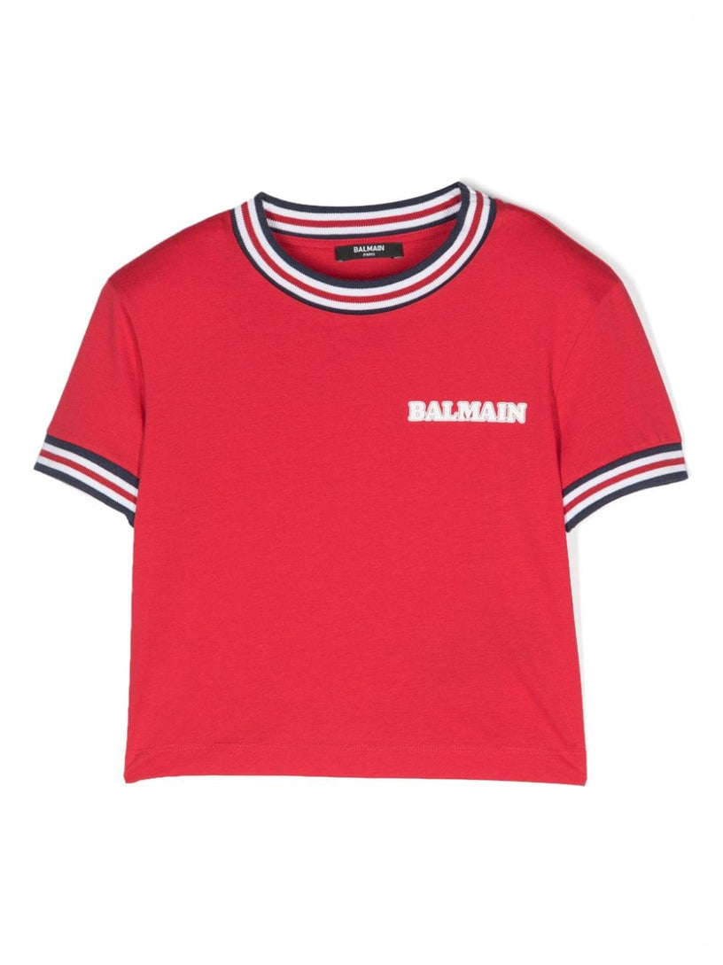 BALMAIN Kids Logo-print striped-trim t-shirt