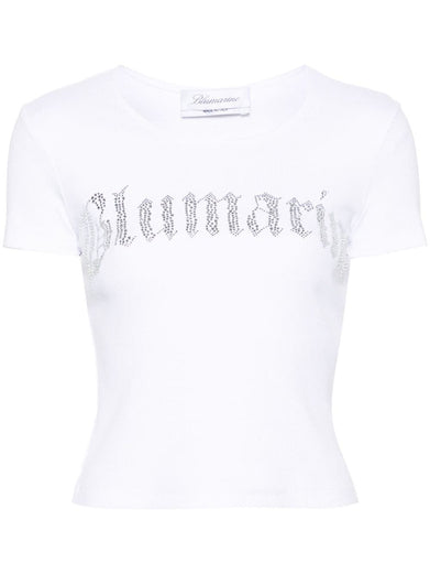 Ribbed T-shirt with blumarine logo in rhinestones