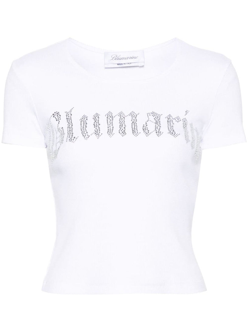 Blumarine Ribbed t-shirt with blumarine logo in rhinestones