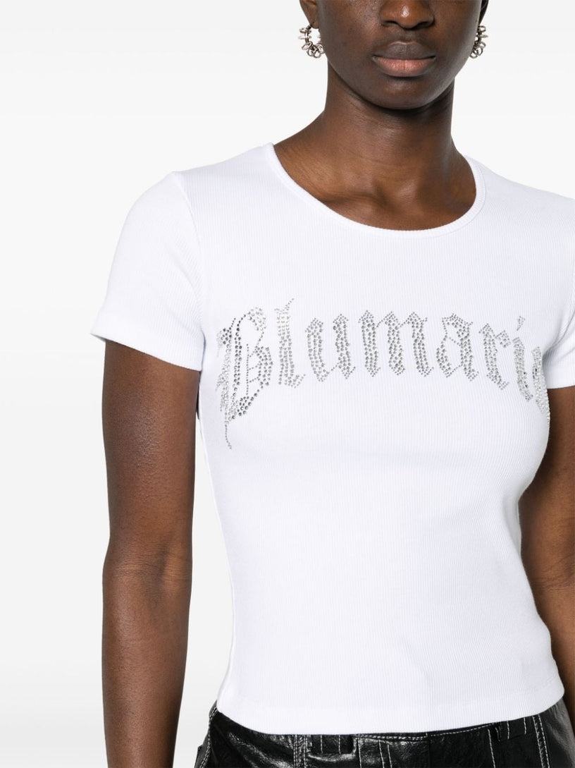 Ribbed T-shirt with blumarine logo in rhinestones