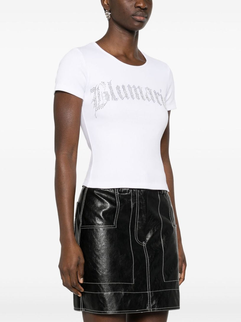 Ribbed T-shirt with blumarine logo in rhinestones