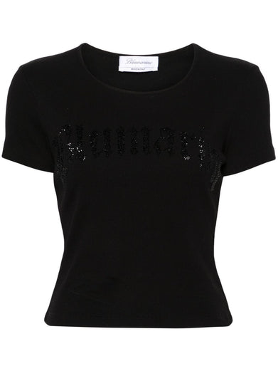 Ribbed T-shirt with blumarine logo in rhinestones