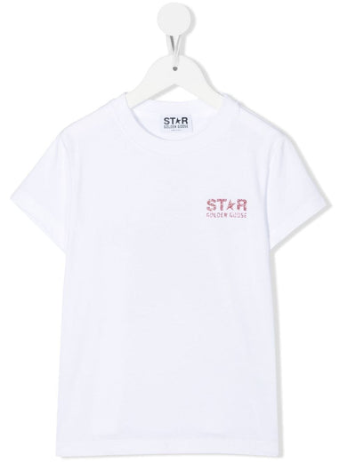 White T-shirt with logo and maxi star in pink glitter