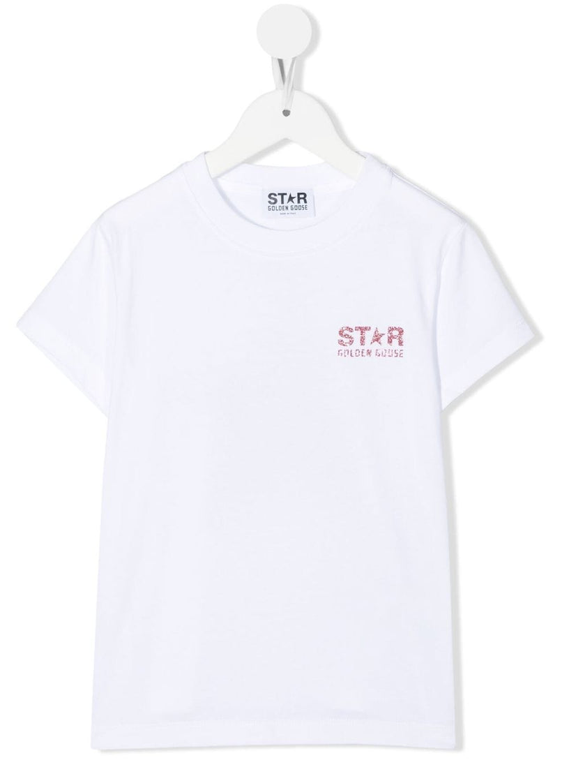 Golden Goose Kids White t-shirt with logo and maxi star in pink glitter