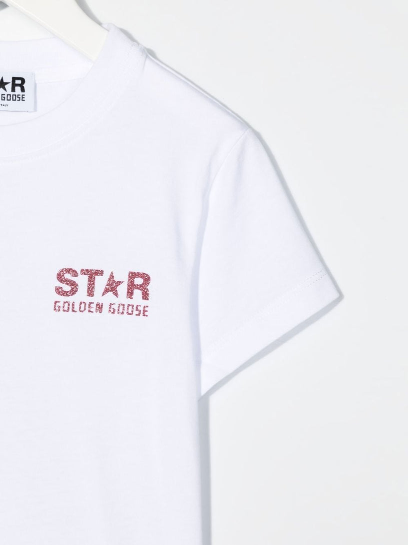 White T-shirt with logo and maxi star in pink glitter