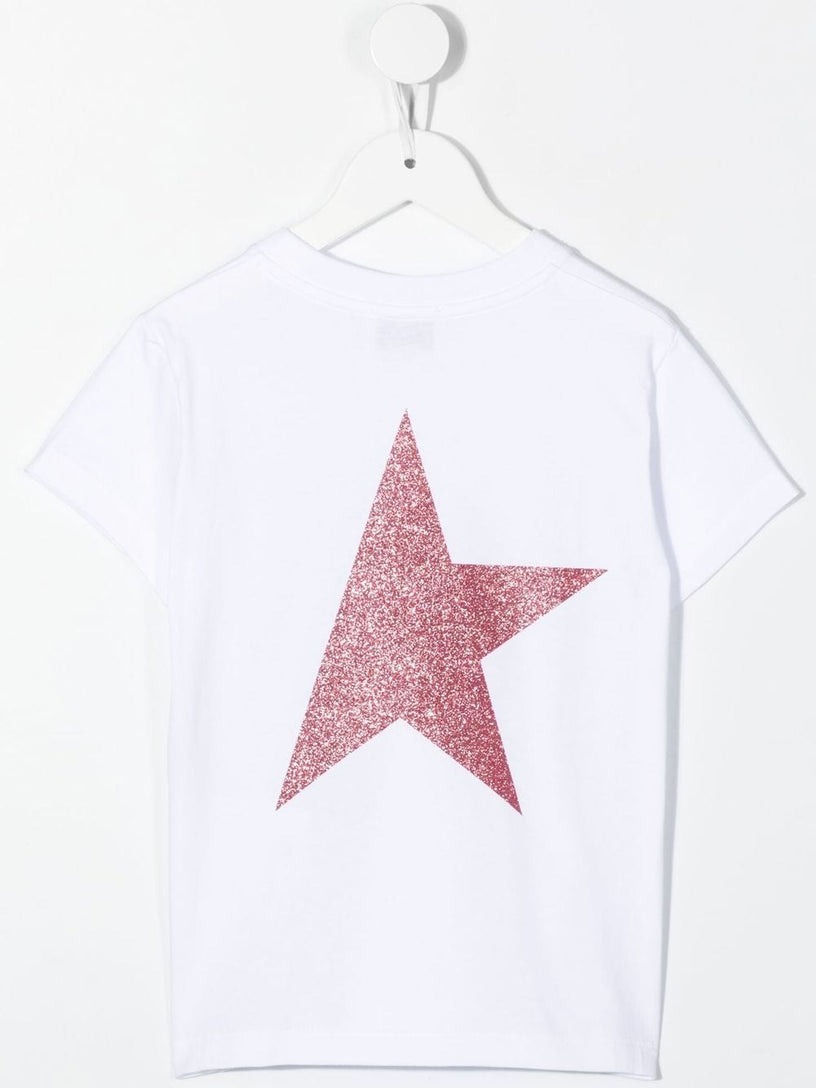 White T-shirt with logo and maxi star in pink glitter