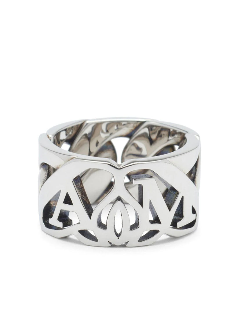 Alexander McQueen Seal logo chain ring in antique silver