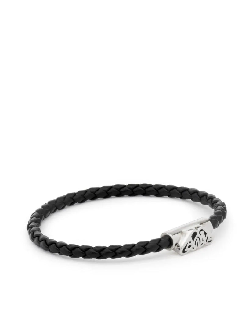 Seal logo leather bracelet in black/antique silver