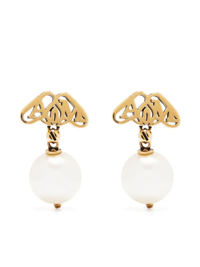 Pearl earrings with gold seal logo