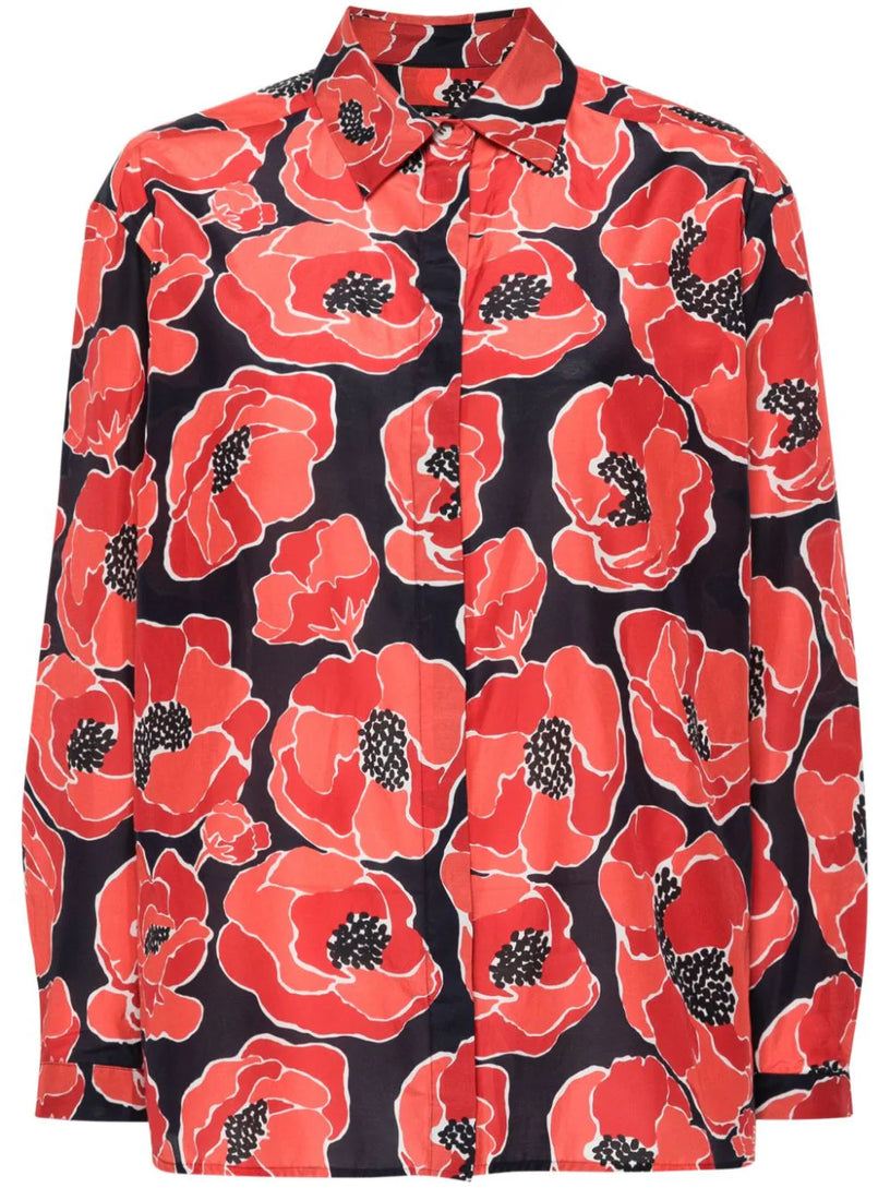 Loose-fit shirt in cotton-silk blend with poppy print