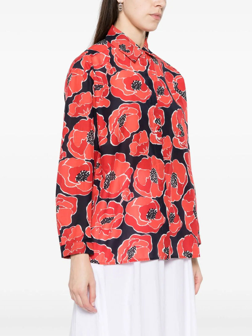 Loose-fit shirt in cotton-silk blend with poppy print