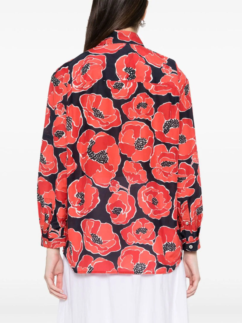 Loose-fit shirt in cotton-silk blend with poppy print