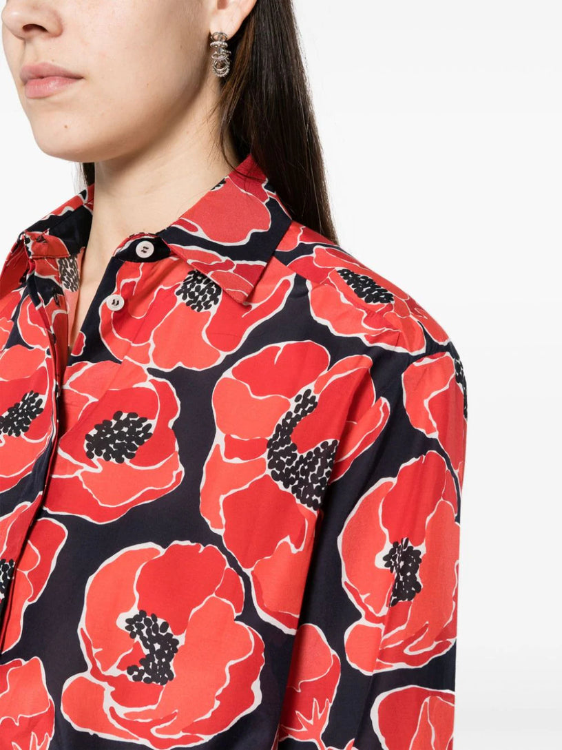 Loose-fit shirt in cotton-silk blend with poppy print