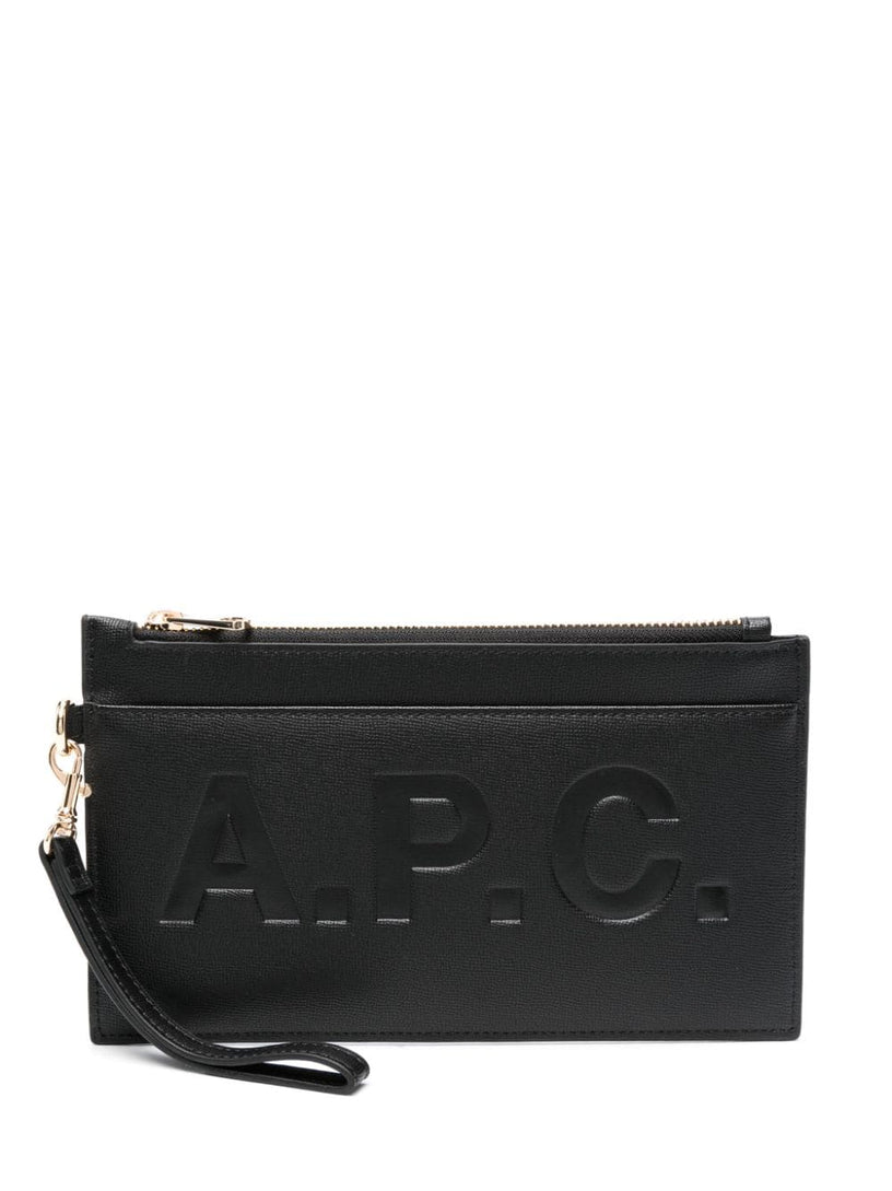 Leather market clutch bag with embossed logo