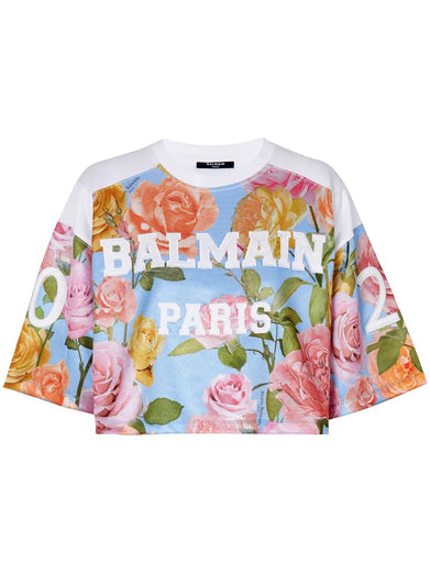 Balmain Baseball T-shirt with pastel roses print