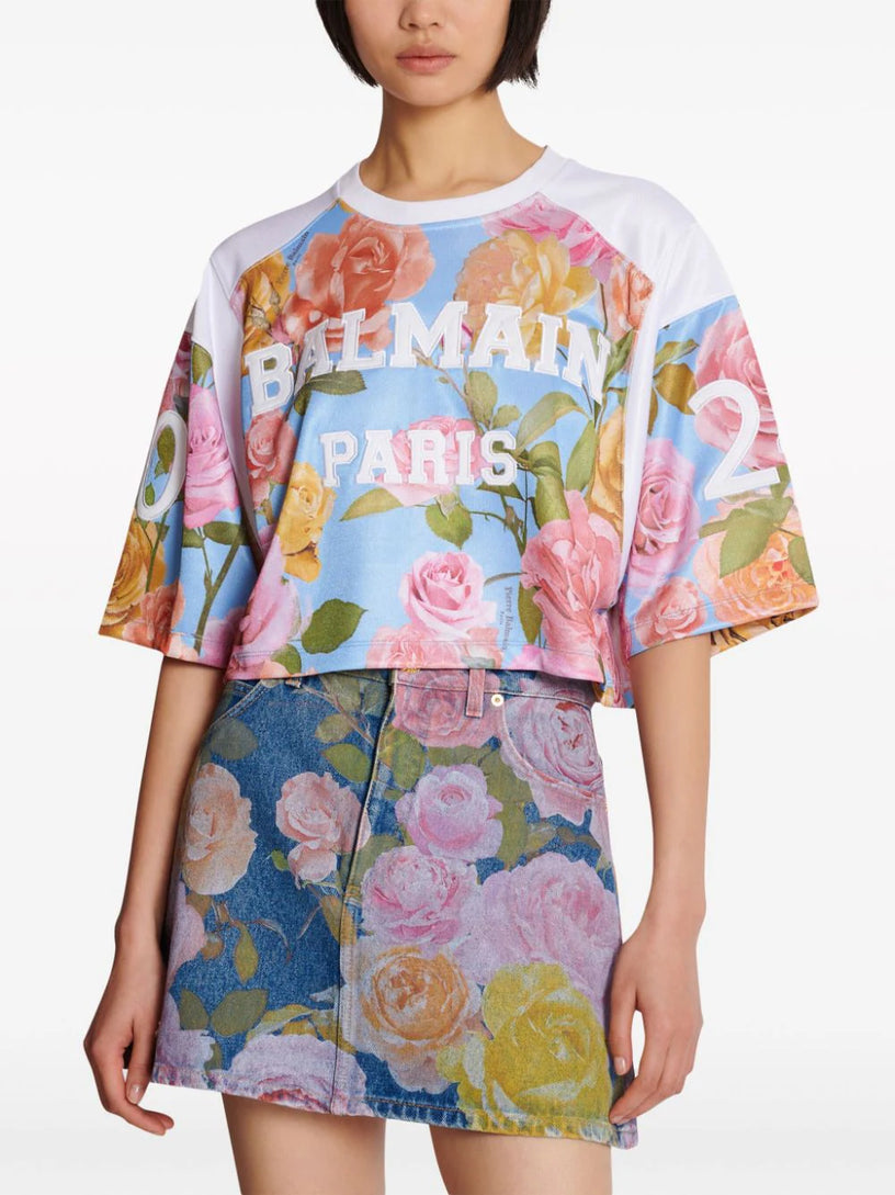 Balmain Baseball T-shirt with pastel roses print