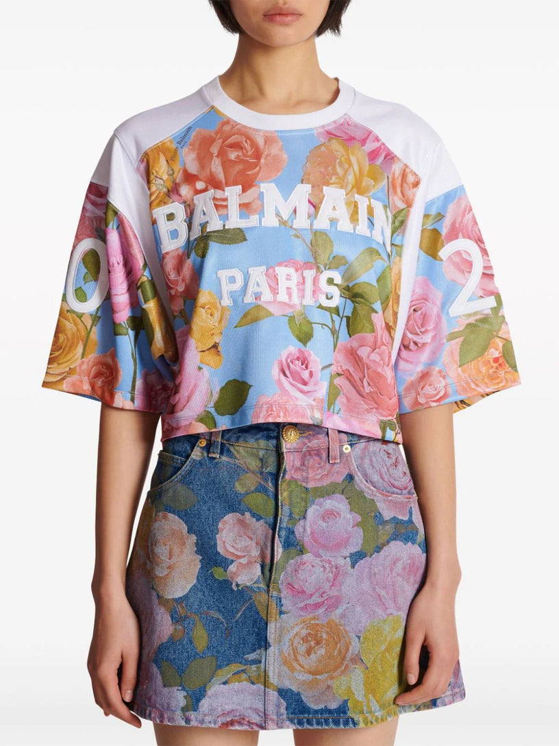 Balmain Baseball T-shirt with pastel roses print