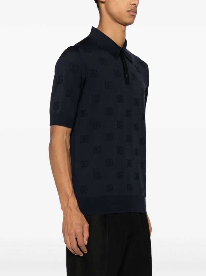 Silk polo-shirt with all-over DG logo embroidery