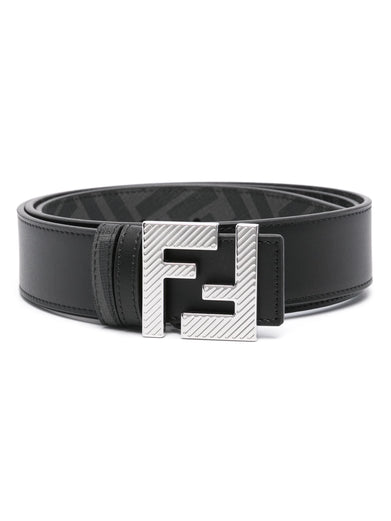 Reversible belt in black leather and black FF canvas