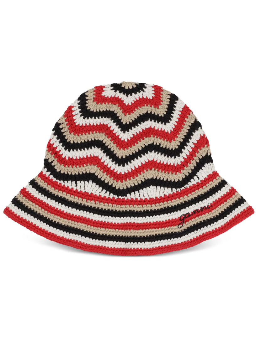 GANNI Red cotton crochet bucket hat