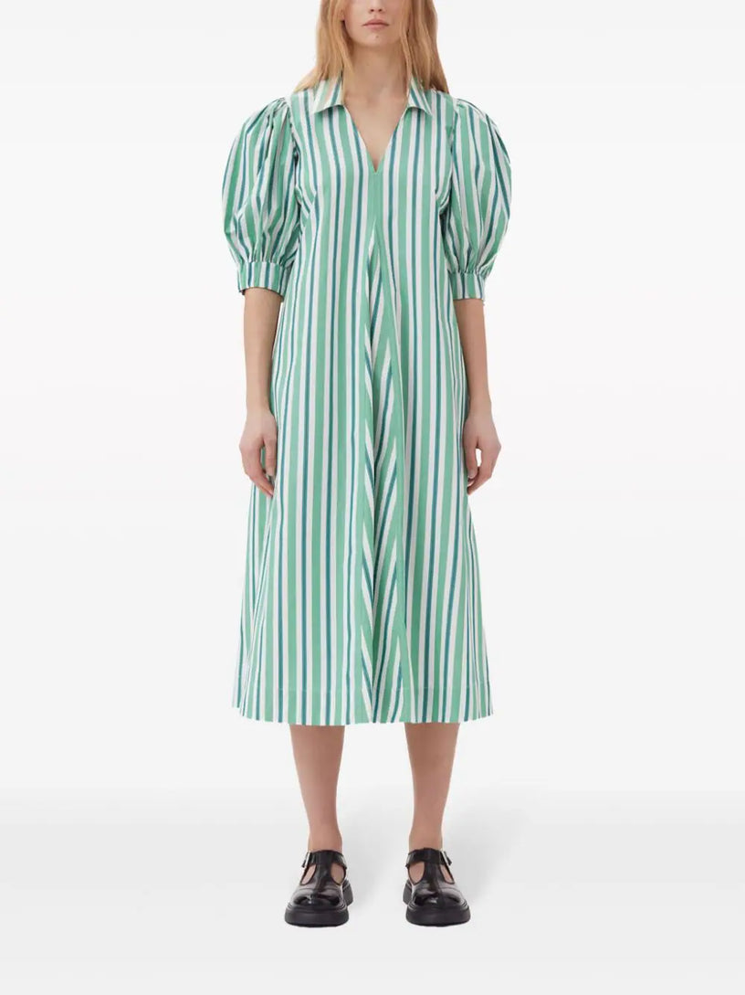 Green striped collar long dress