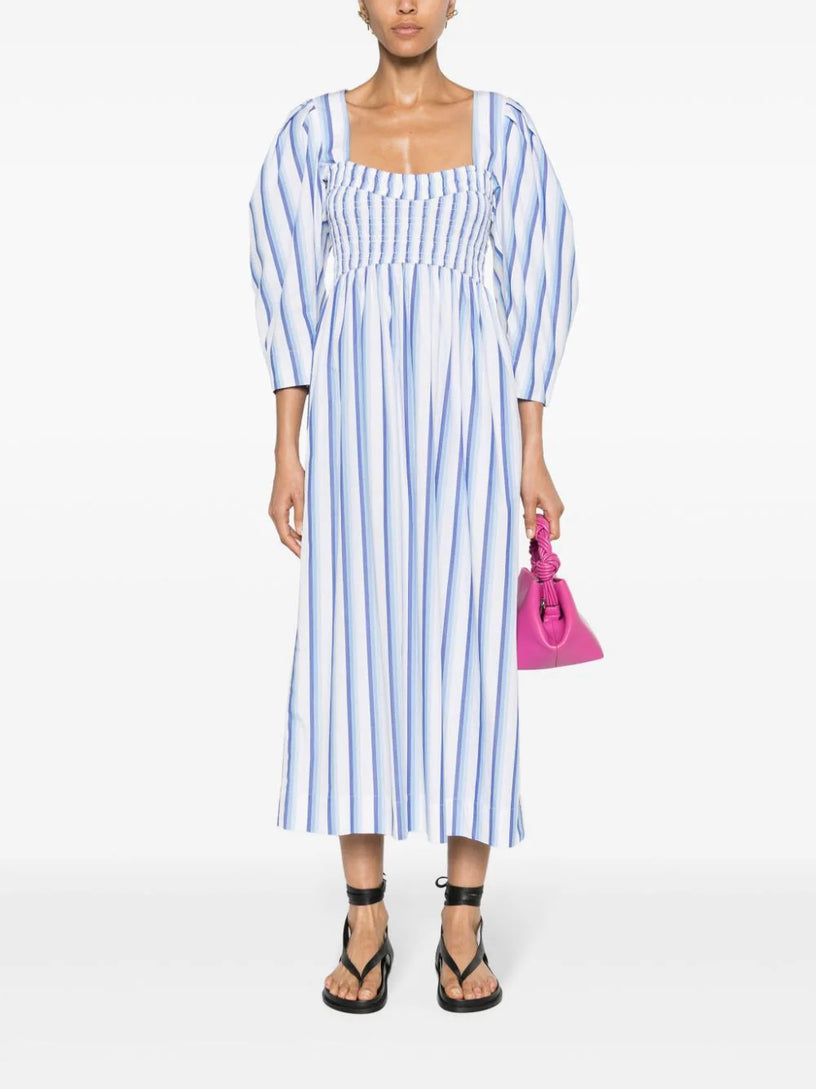 Blue Striped Cotton Smock Long Dress