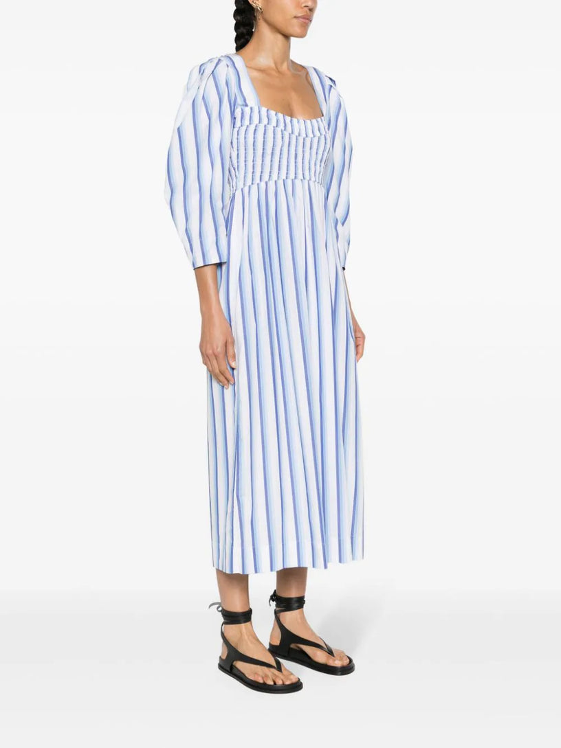 Blue Striped Cotton Smock Long Dress