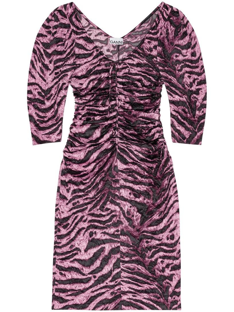 GANNI Animal printed crinkled satin u-neck midi dress